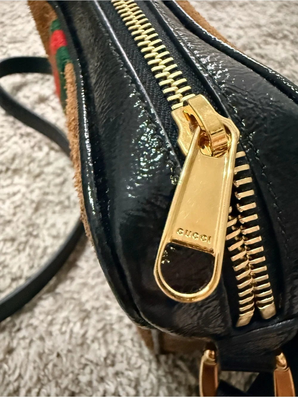 Gucci Ophidia Small Brown Suede Crossbody Camera Bag w/ Green-Red Stripe